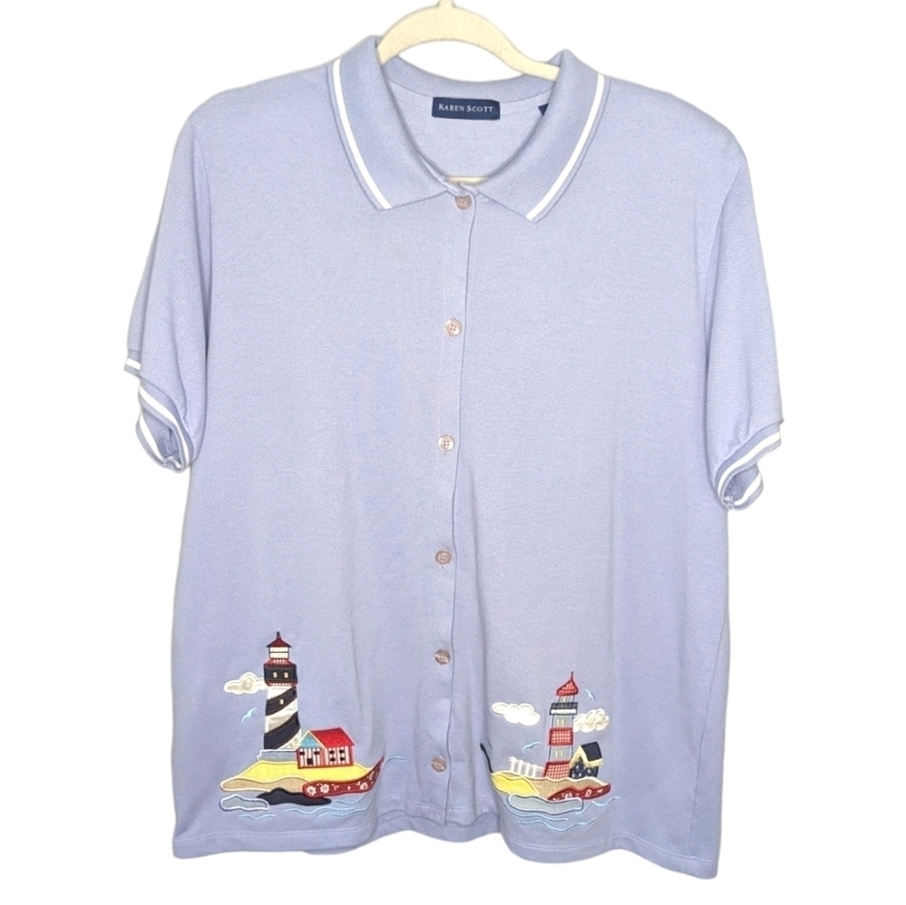 Vintage Karen Scott Lighthouse Coastal grandma beach button shirt XL women's